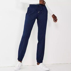 Nine West Elastic-Cuff Relaxed Jogger Pants Navy White Pinstripe Size Large L